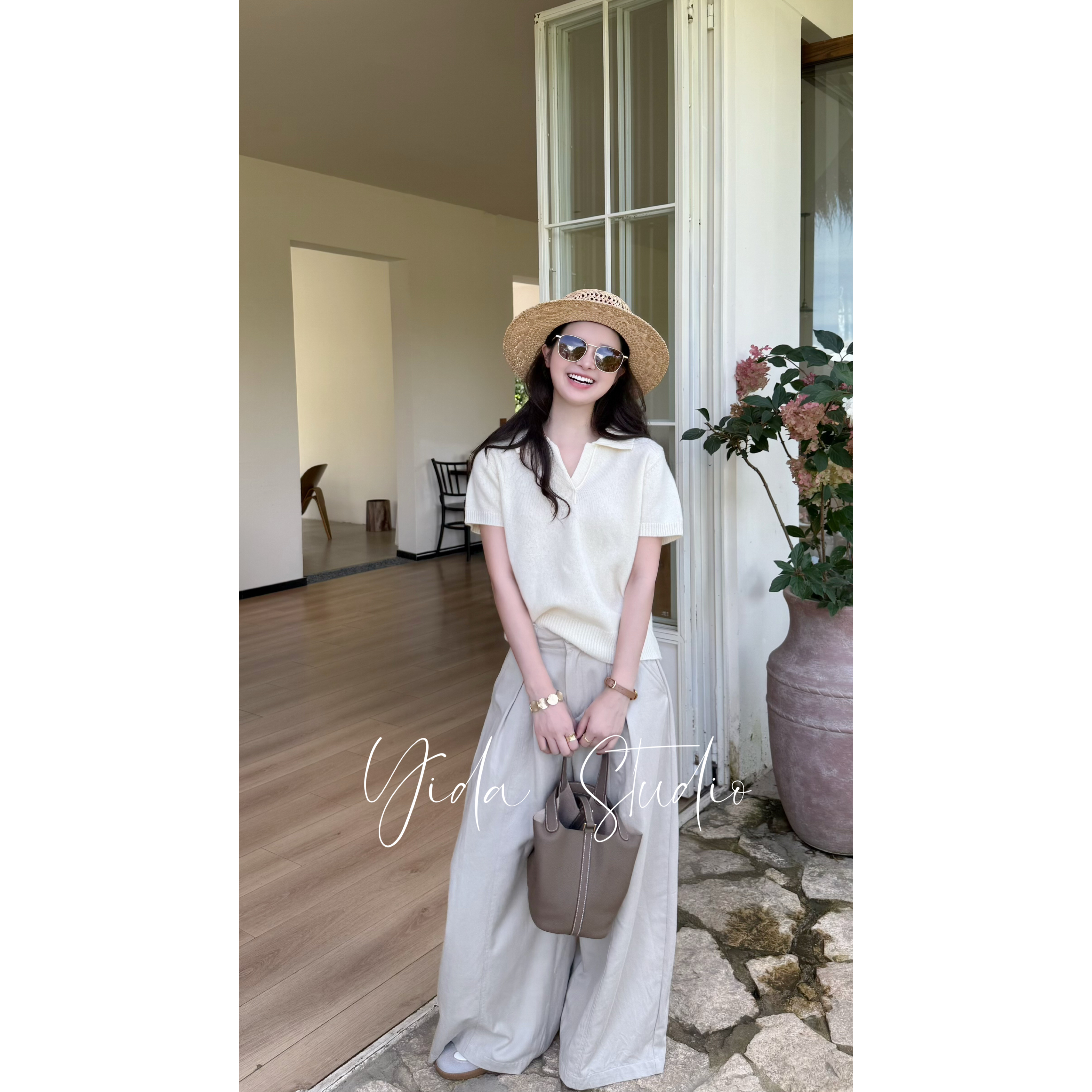 YIDA【南港的秋】Polo领全羊毛1短袖套头针织衫（含100%羊毛）