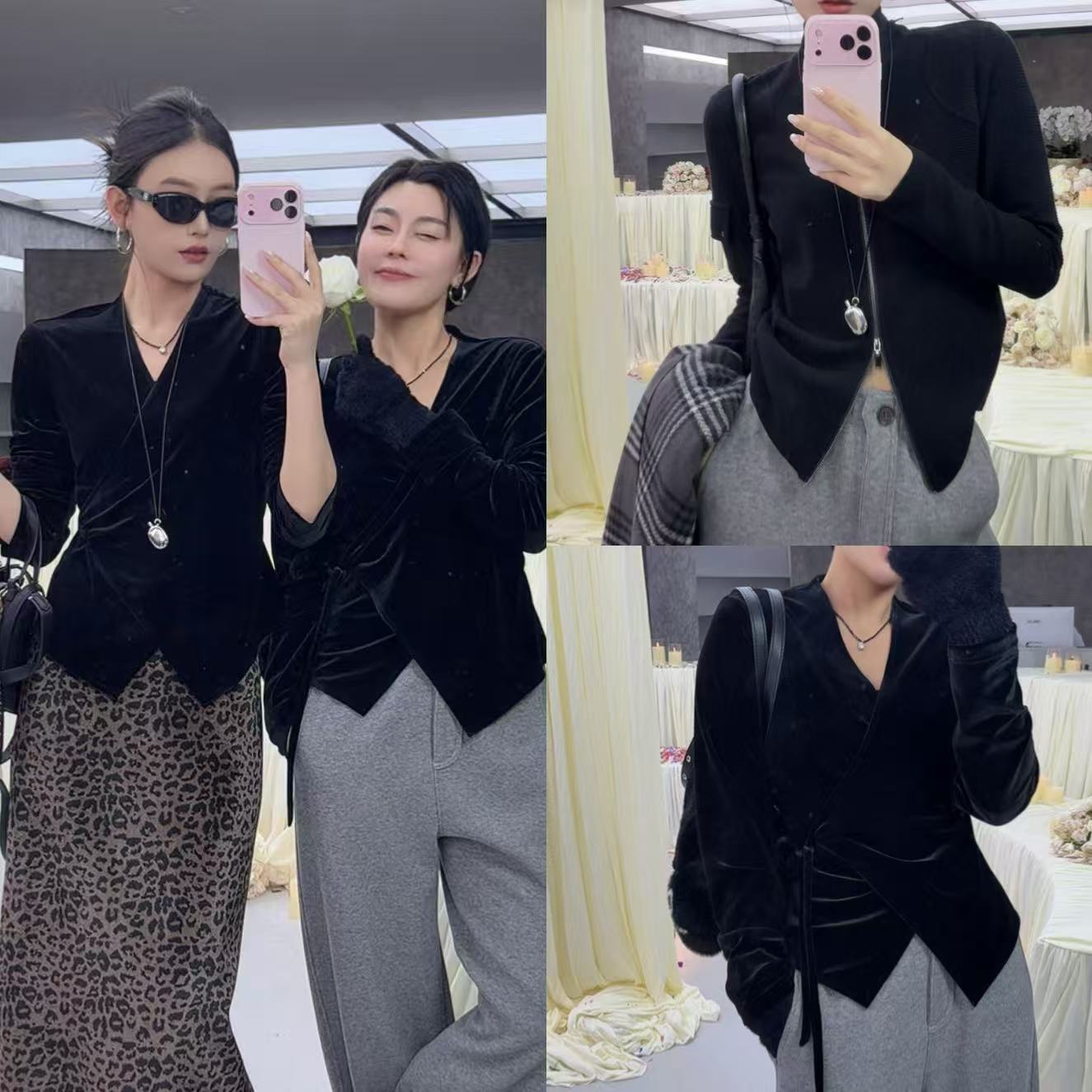 菲林家FL 9133【气质女人】 设计感系带丝绒长袖