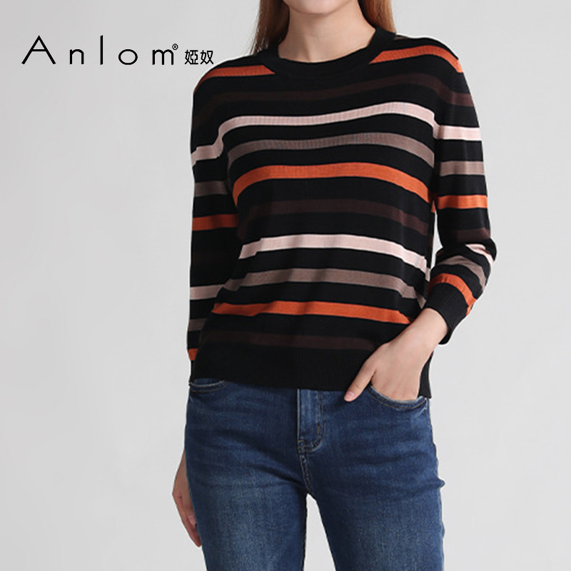 Anlom/娅奴春季新款女上衣修身圆领条纹长袖桑蚕丝针织衫上衣女