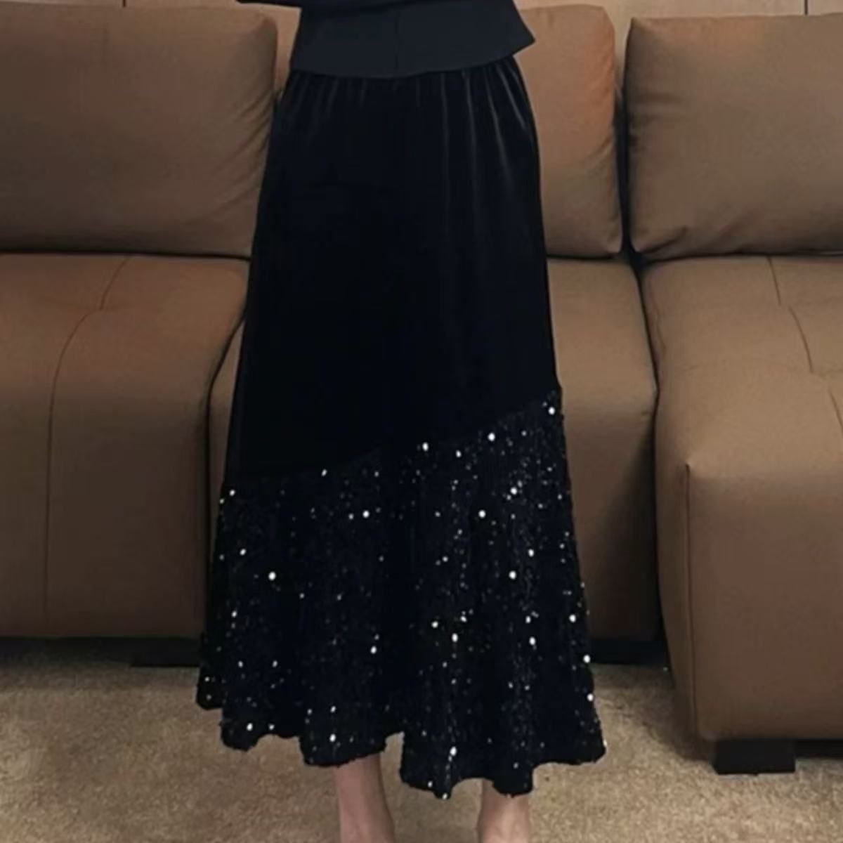 胖胖家*7052新款丝绒拼接亮片百搭显瘦半身裙