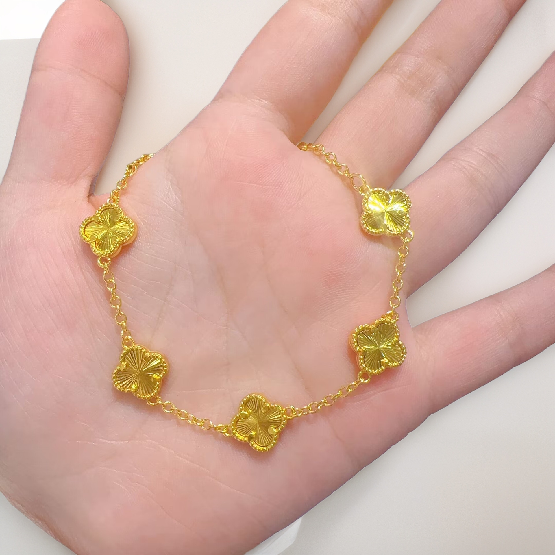 铜合金手链 新款轻奢铜合金镀K金五花四叶草手链女精致手饰可作