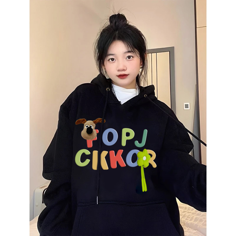 【带立体公仔】秋冬时尚潮牌加绒卫衣女美式ins慵懒风连帽上衣