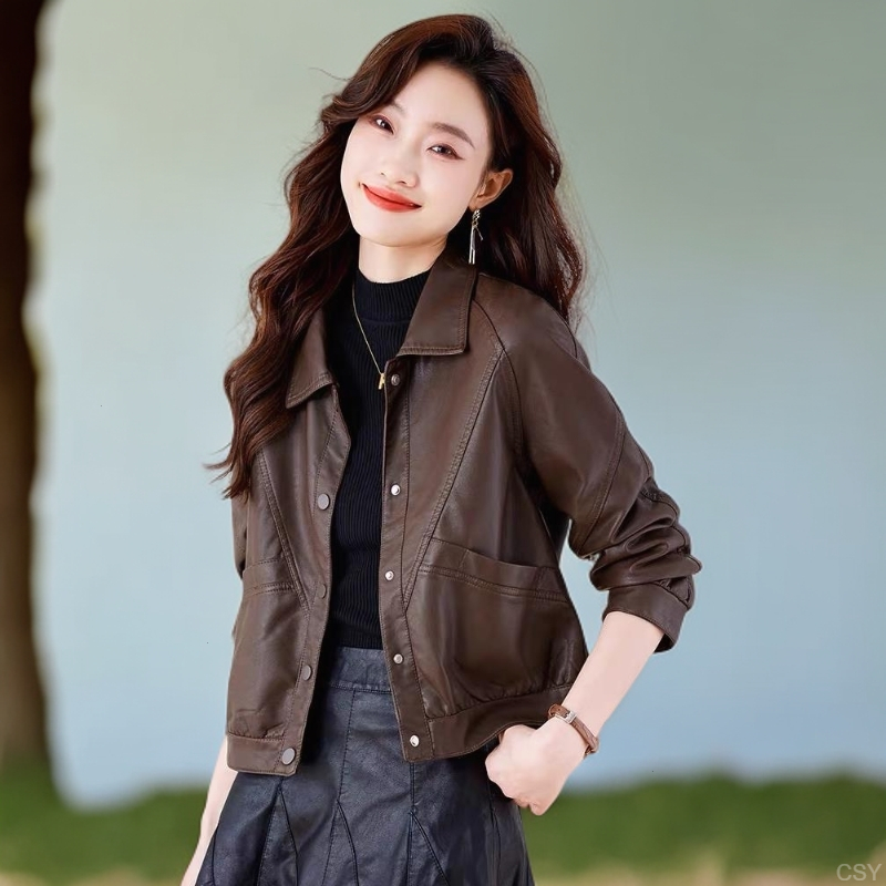 春秋海宁小个子新款时尚洋气棕色皮衣外套女短款2025皮夹克秋季