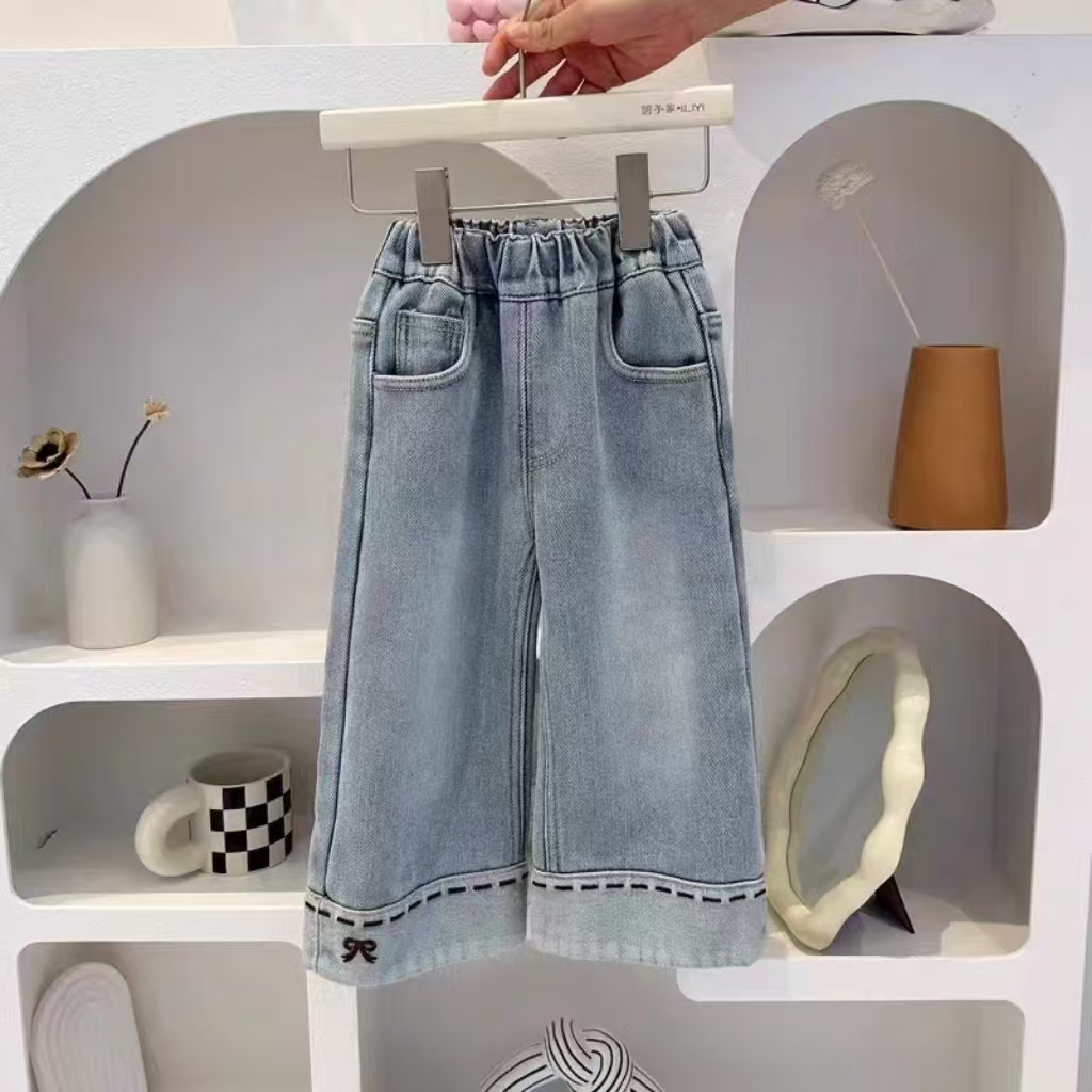 53003女童牛仔裤春秋2025新款儿童松紧腰翻边直筒潮流唐