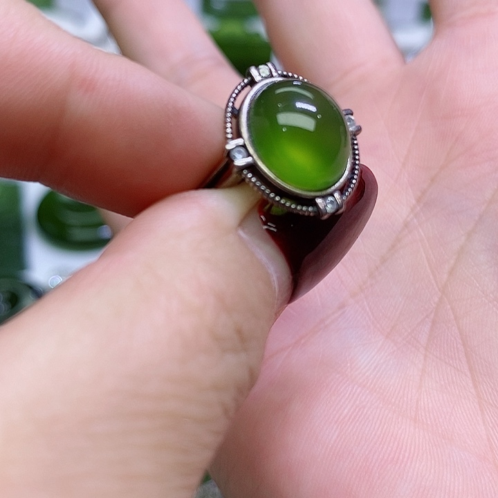 蛇纹石玉戒指银S925镶嵌