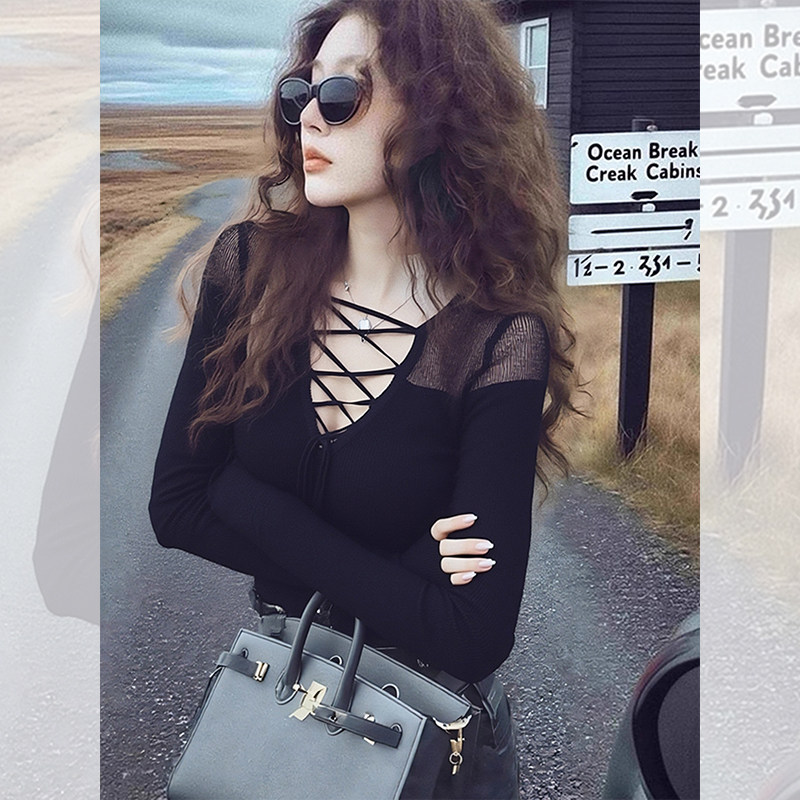 独特漂亮黑色V领网纱针织打底小衫女秋冬内搭可外穿洋气新款上衣