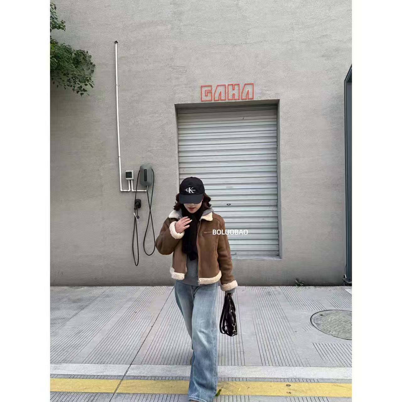 BOLUOBAO 糖炒栗子 麂皮绒皮毛一体夹克外套