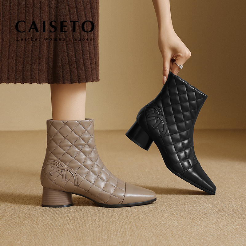 头层羊皮/4cm秋冬方头粗跟真皮气质百搭瘦瘦靴小短靴女马丁靴X308