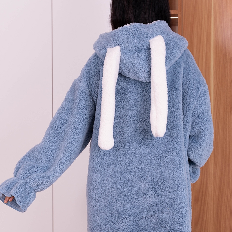 B845 秋冬珊瑚绒连帽睡衣加绒加厚保暖睡袍睡裙家居服-长耳兔蓝色