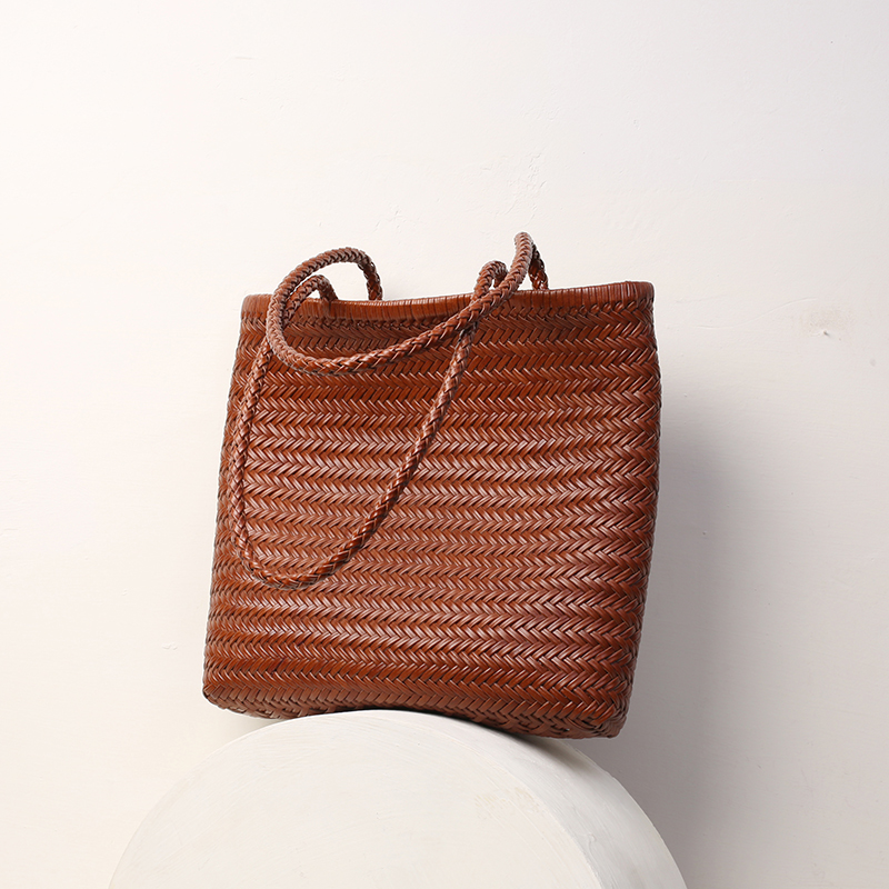 Dragon同款法式复古牛皮纯手工编织包手提单肩托特大包大容量真皮