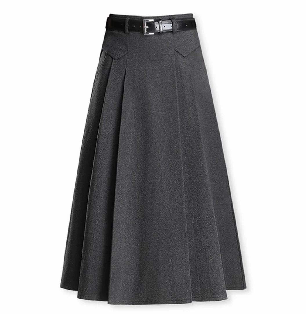 【送腰带+斜插口袋】秋冬新款毛呢高腰显瘦显高半身裙女百褶A字伞裙