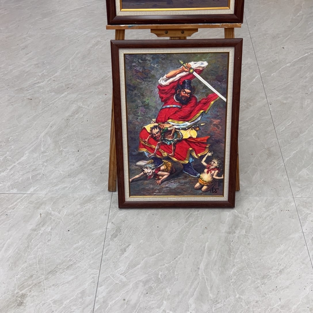 油画钟馗伏魔带框50 70定制