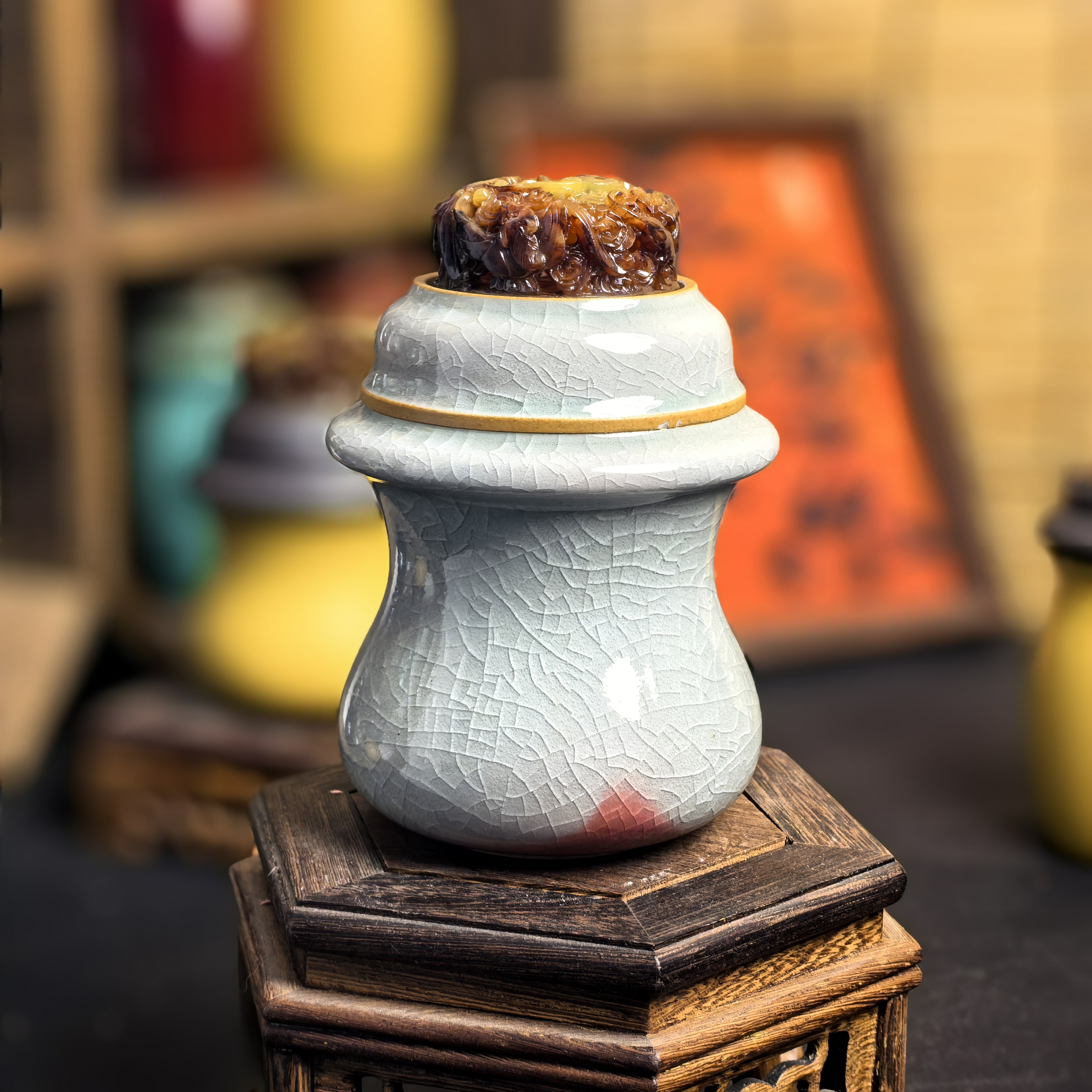 墩子器型鸣虫叫罐黑虫叫罐高蒙款冰裂红色