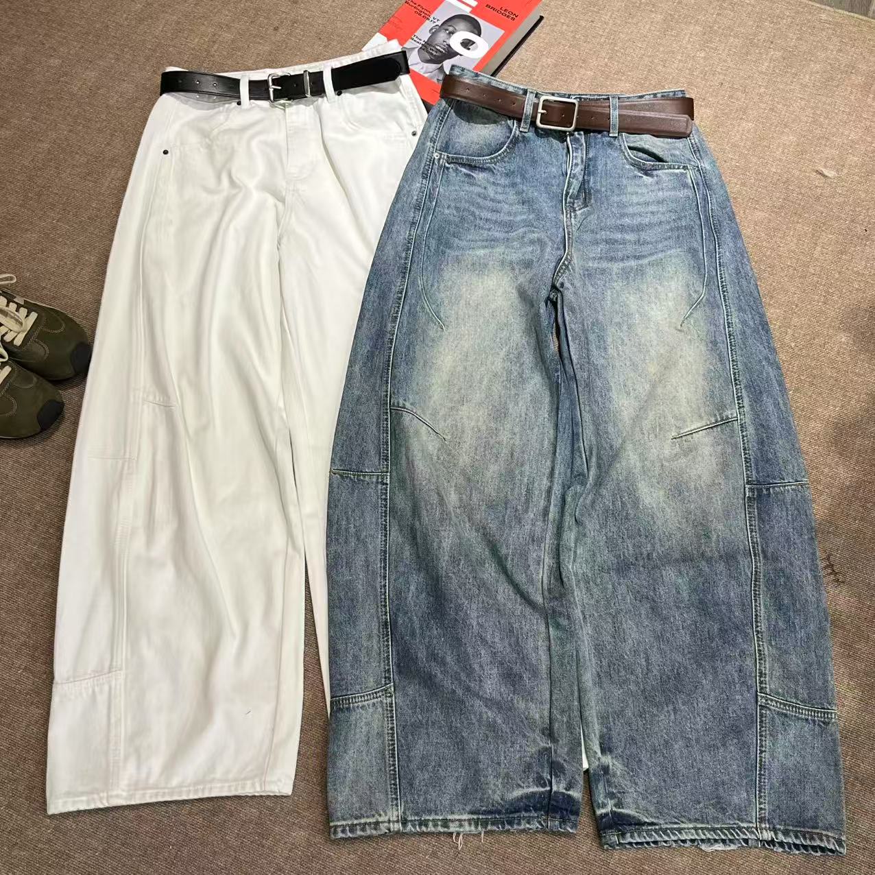 TING GE 内里磨毛款~100%棉爆款做旧阔腿牛仔裤【带腰带】ZS 6001-1