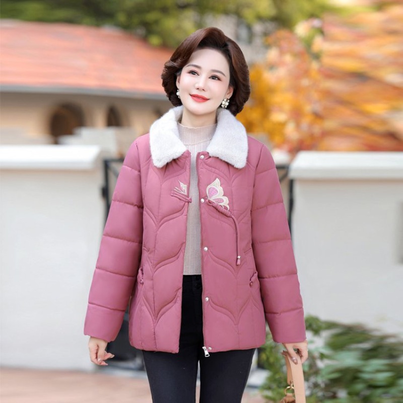 国风蝴蝶花翻领纯色棉服外套329