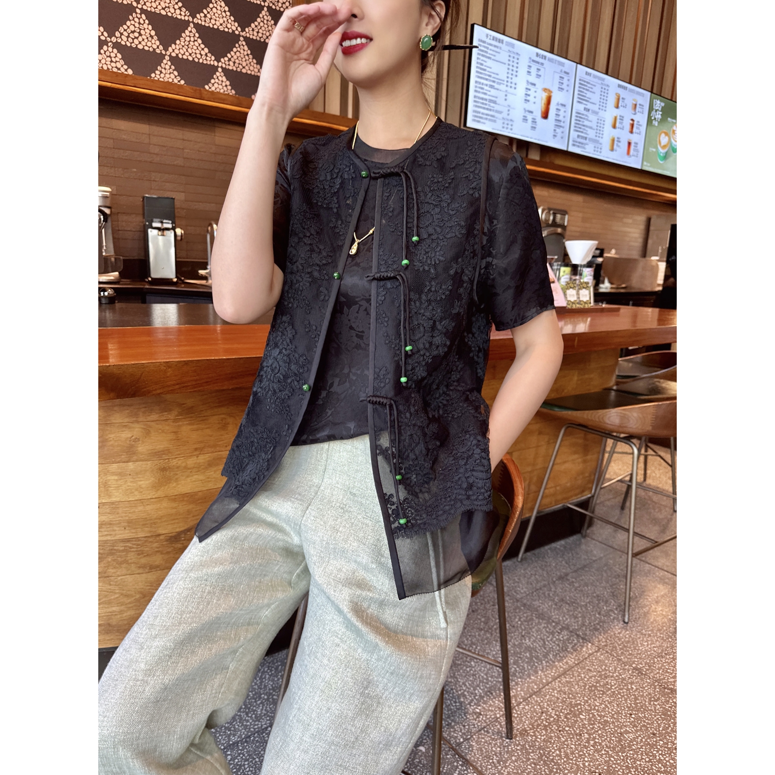 【老罗家】原创真丝马甲女新中式黑色真丝欧根缎拼蕾丝气质国风马褂