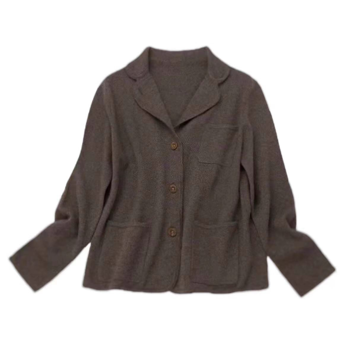 内蒙版纯羊绒西装领休闲西装开衫桂花针针织宽松开衫