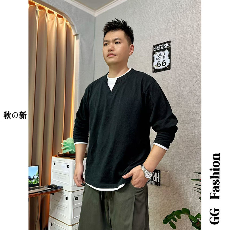 【cityboy】纯棉新款假两件领口拼色简约百搭时尚宽松卫衣情侣秋款