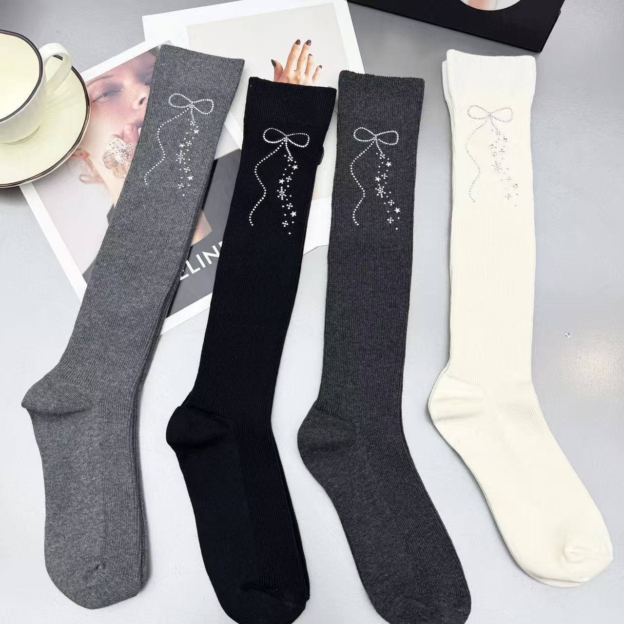 匠心靴下JX³秋冬季纯色女士小腿袜黑色女袜烫钻蝴蝶结显瘦堆堆袜