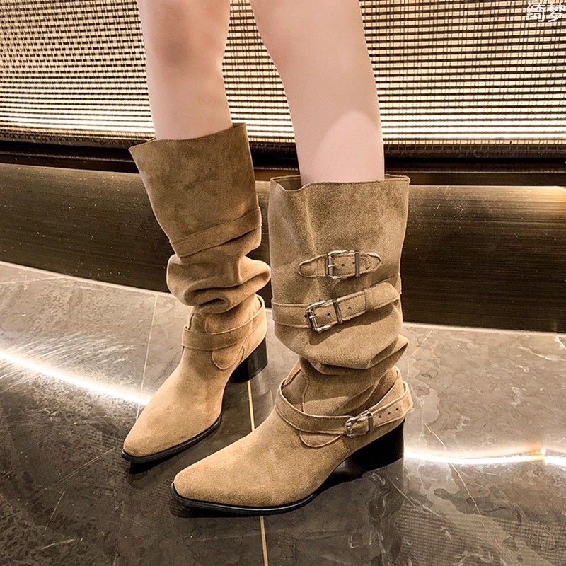 废土风时尚复古褶皱长筒靴子女2025新款叠穿堆堆靴显瘦西部骑士靴