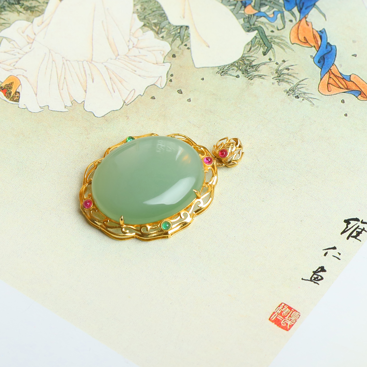 和田玉镶嵌无事牌吊坠