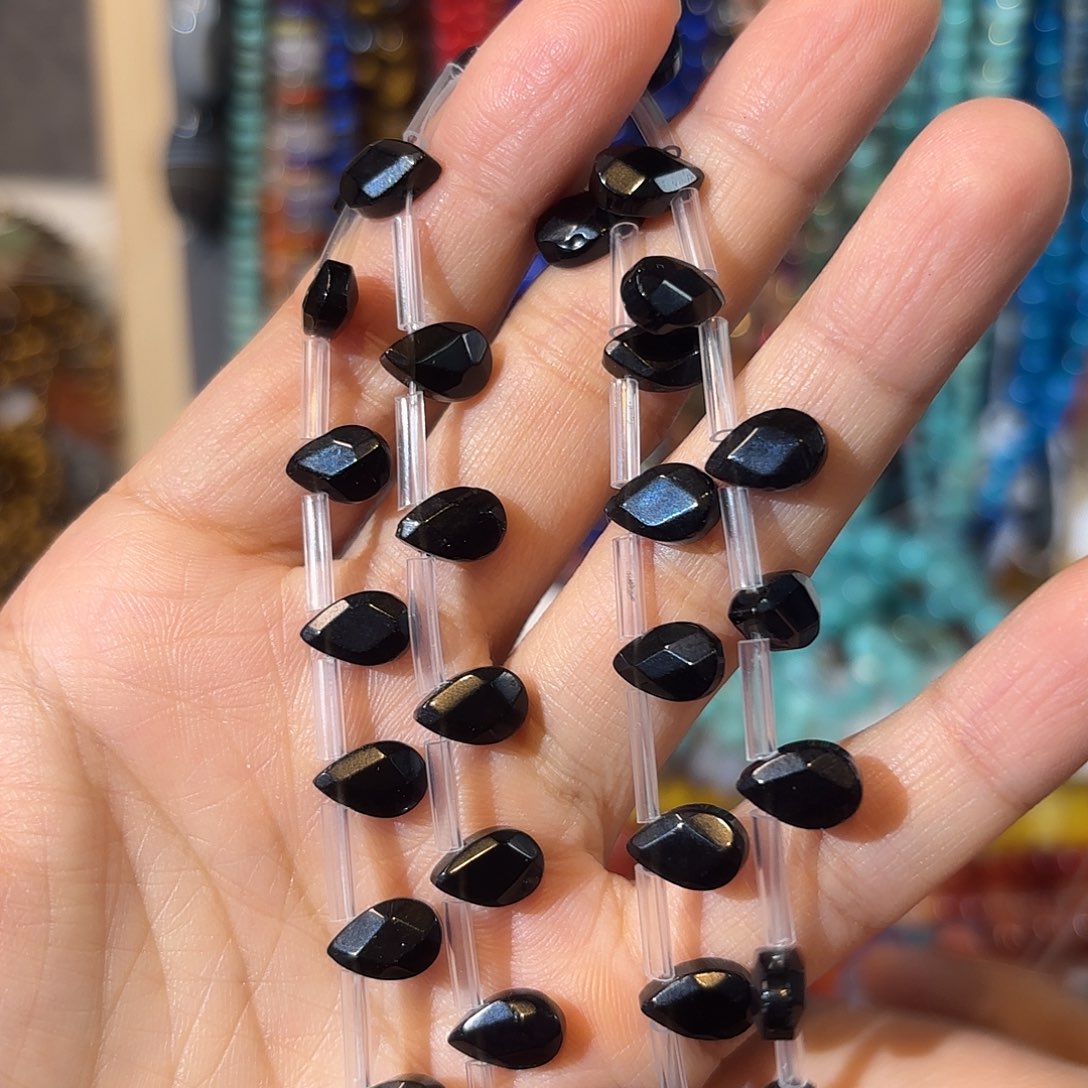 玛瑙/玉髓银S925镀金镶嵌珠宝半成品黑玛瑙水滴一条