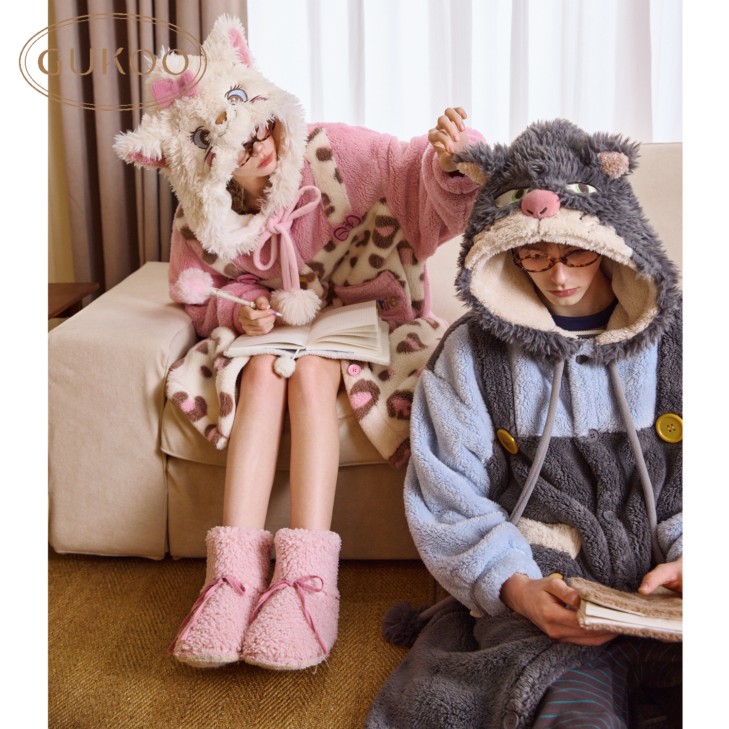 【Gukoo果壳】睡袍女士冬季保暖厚款玛丽猫联名卡通豹纹毛绒家居服