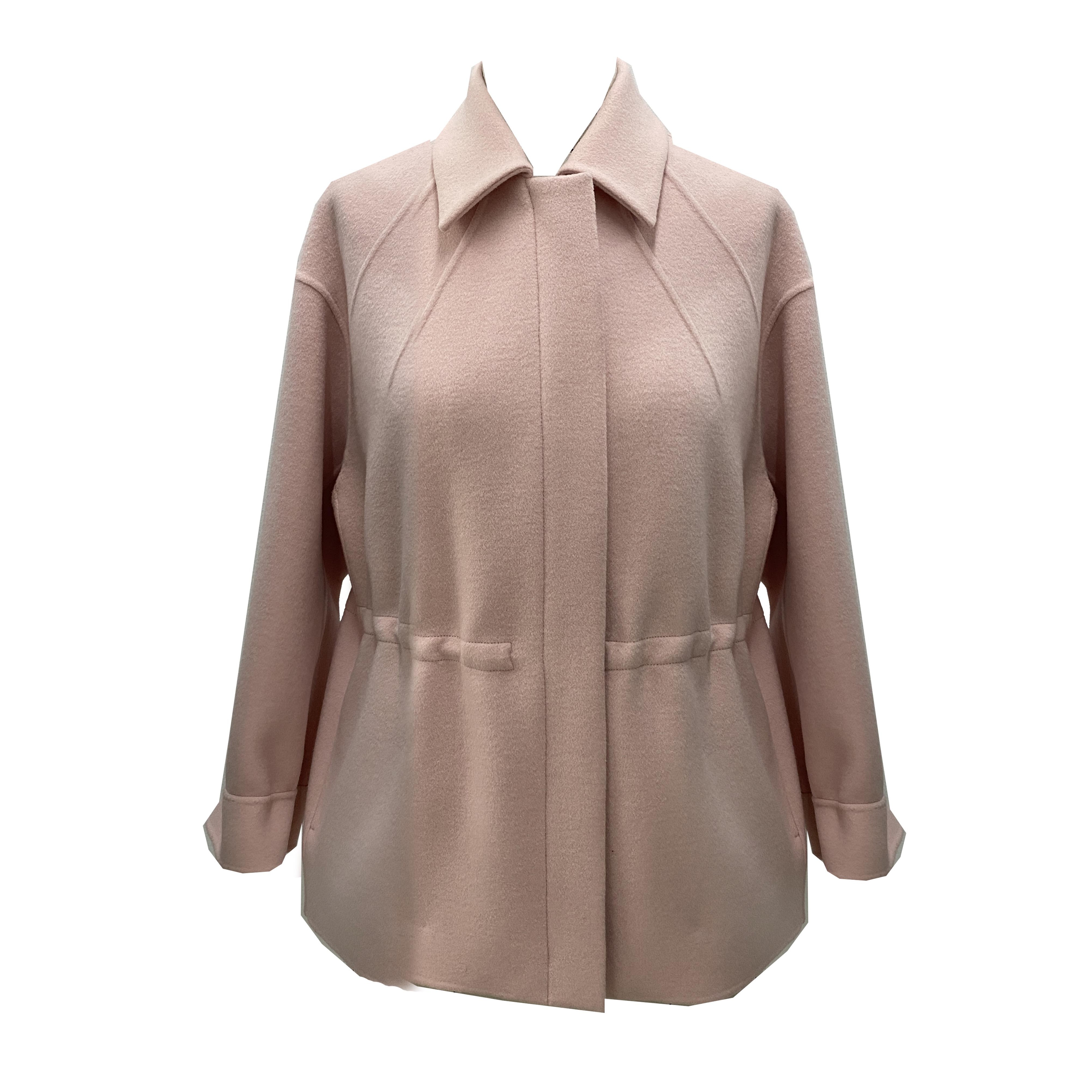 TENGS滕氏女装秋冬抽绳收腰款羊毛双面呢粉色短大衣