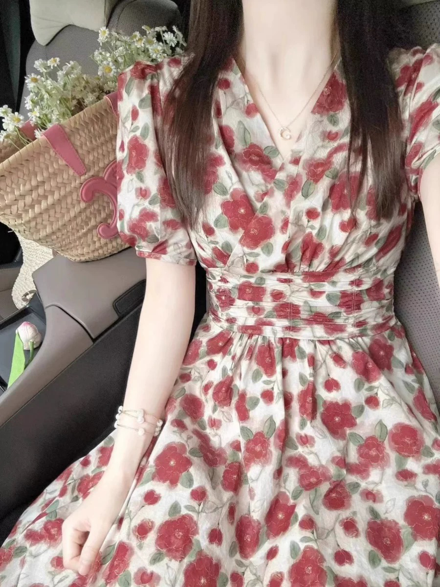 高 小小李夏季碎花气质长裙收腰时尚法式