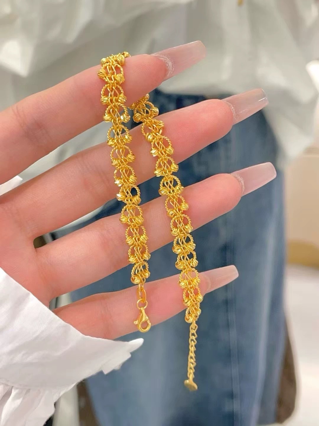 铜合金手链 铜合金镂空编织款蕾丝蹦迪珠手链女款气质百搭金色