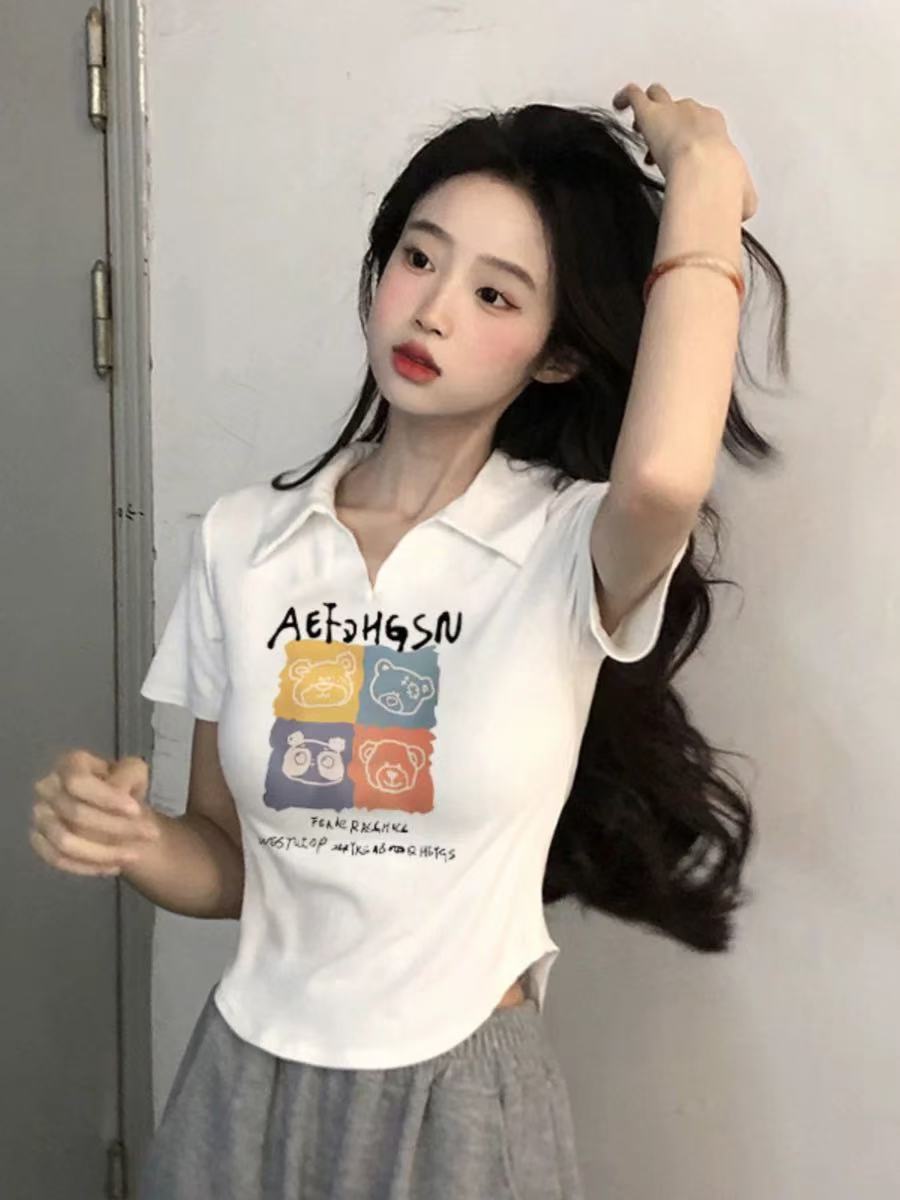 555 v领正肩t恤短袖夏季2025年修身显瘦纯棉小众短款polo衫上衣