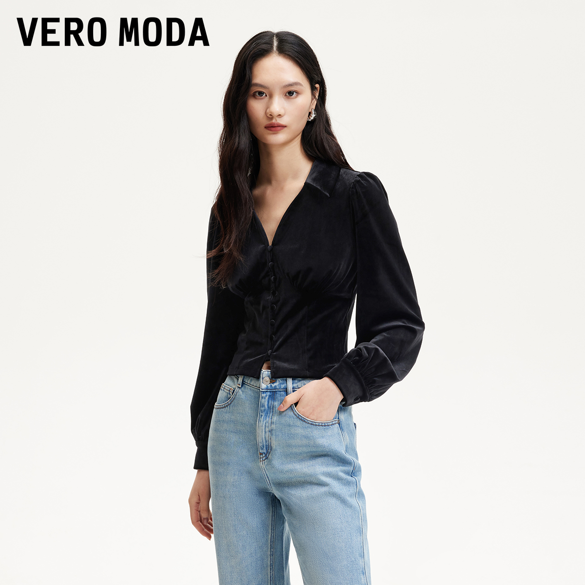 Vero Moda衬衫女2026春季新款丝绒翻领泡泡袖时尚气质洋气百搭