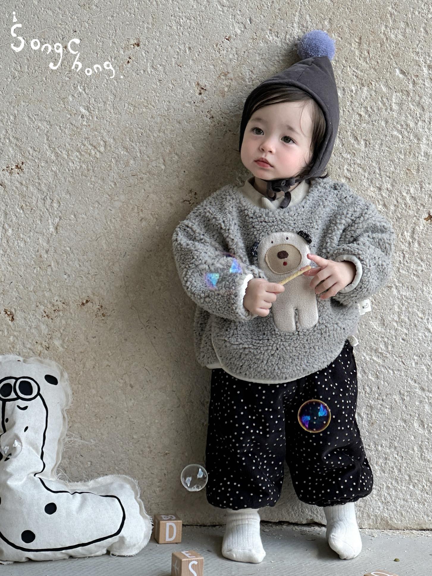 松虫秋冬新款可爱小熊羊羔毛卫衣上衣男女宝百搭韩版