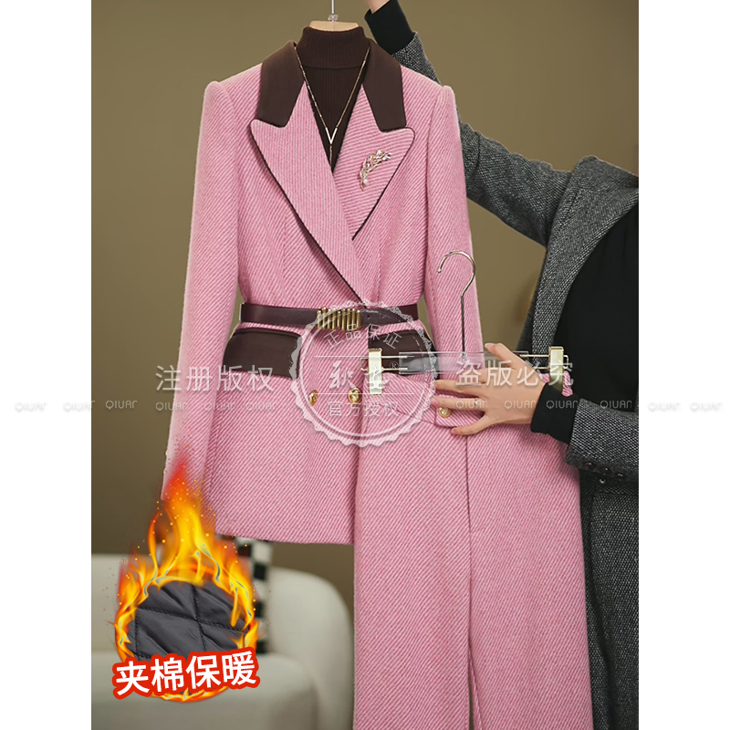 【卓曼定制】2025年冬季新款粉色翻领夹棉气质修身显瘦时尚洋气套装