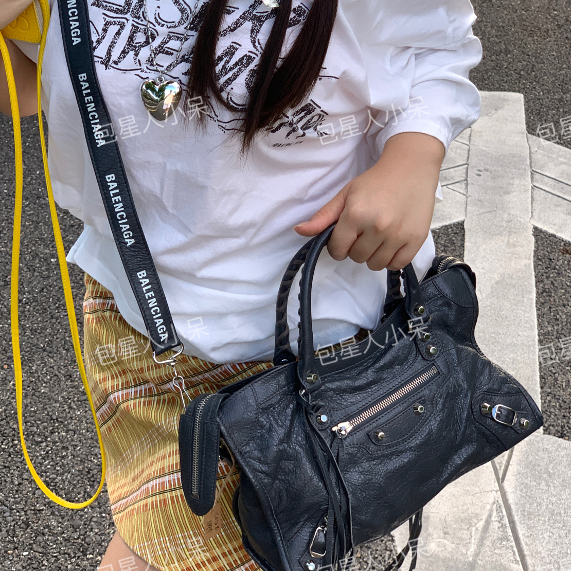 95新 Balenciaga/巴黎世家 炭黑色remix水泥灰logo款小号机车包