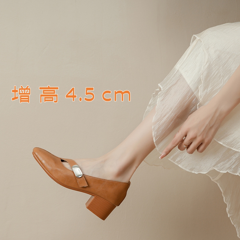 法式真皮新款软底百搭粗跟单鞋女不累脚方头气质浅口中跟奶奶鞋