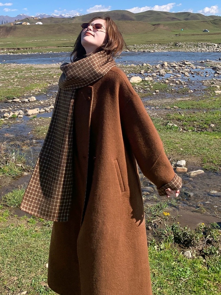 秋冬格子慵懒风围脖双面羊毛大衣