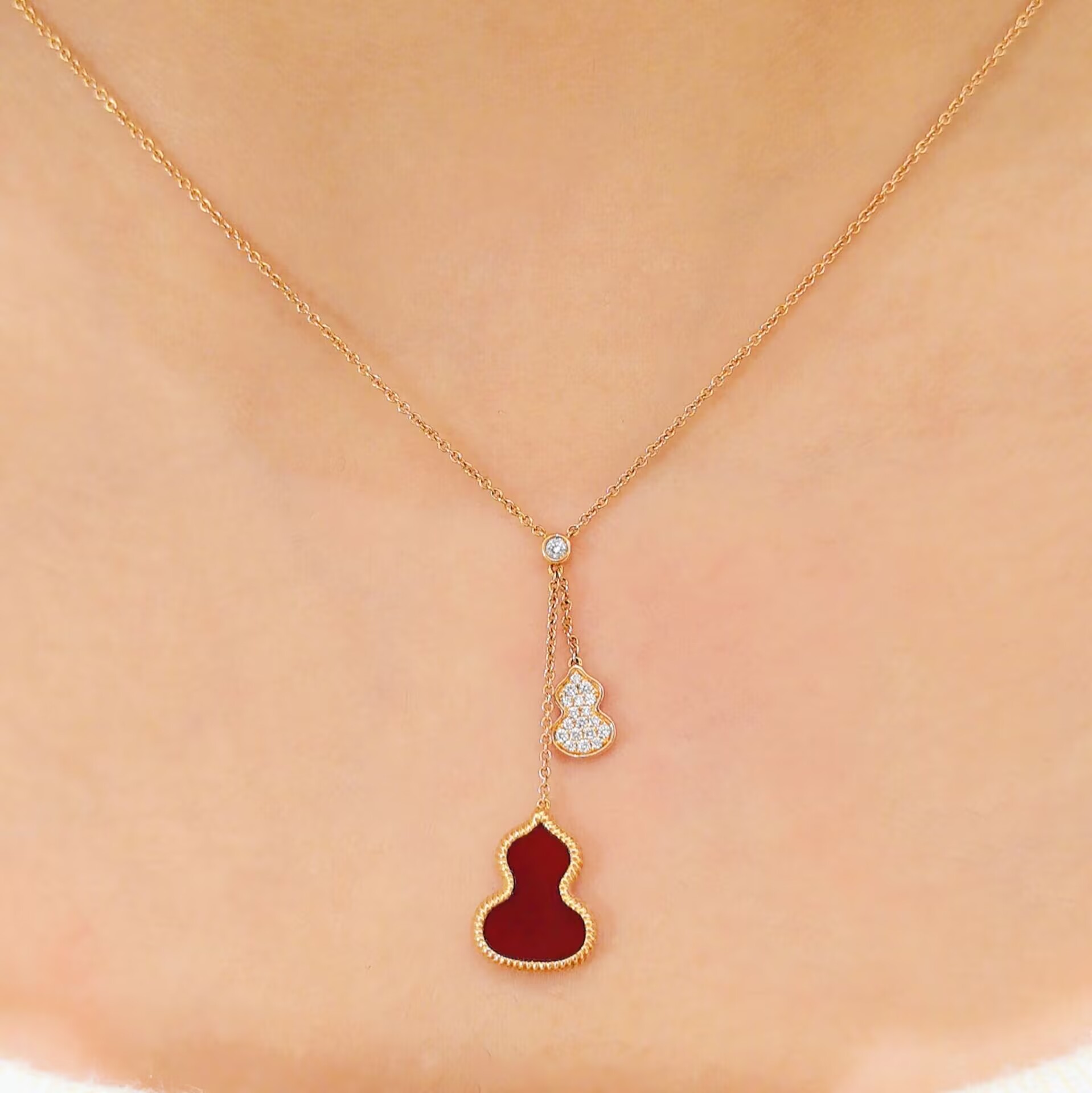 99新 Qeelin 麒麟双葫芦钻链红玉髓+钻/18K黄金/#41cm/20年盒证