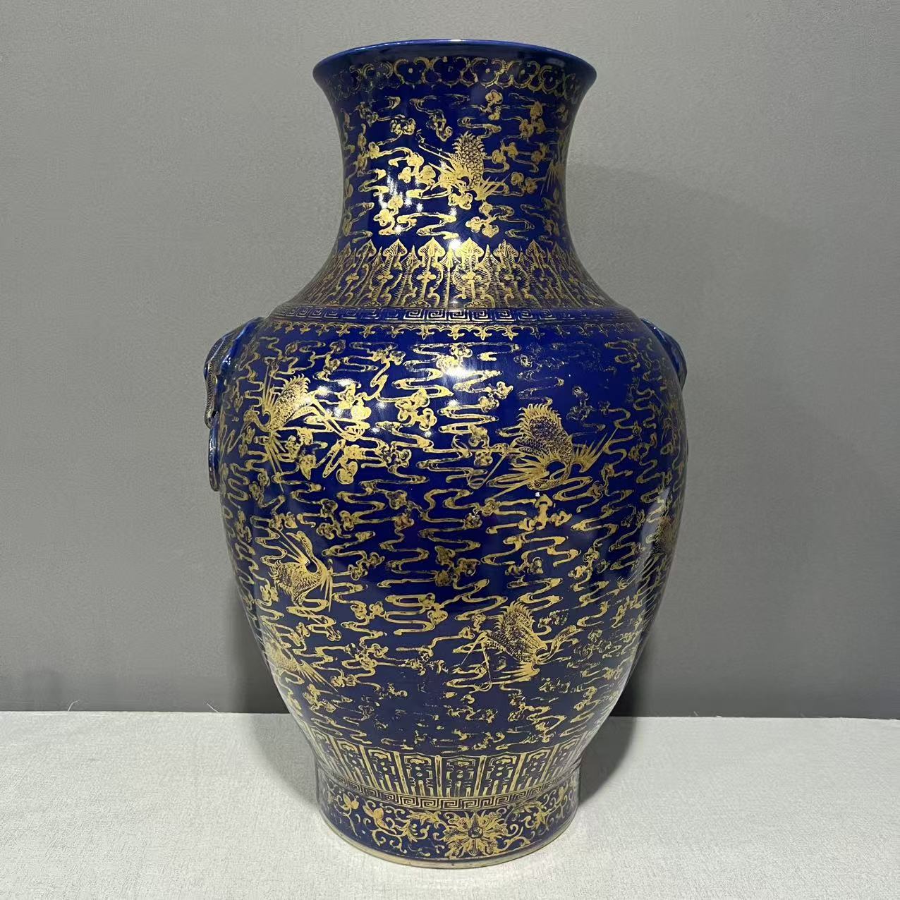 Q-A0928076  清晚期 霁蓝釉描金云鹤纹双耳尊 口17.8肚径32高50.5