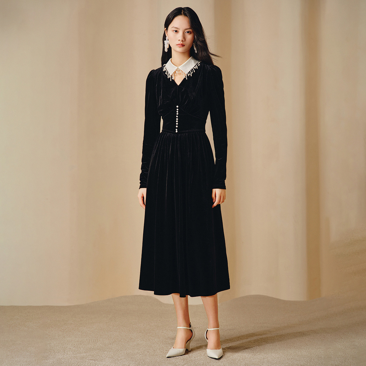 【陈大可专属】MAXRIENY精致复古重工钉珠连衣裙收腰丝绒裙子