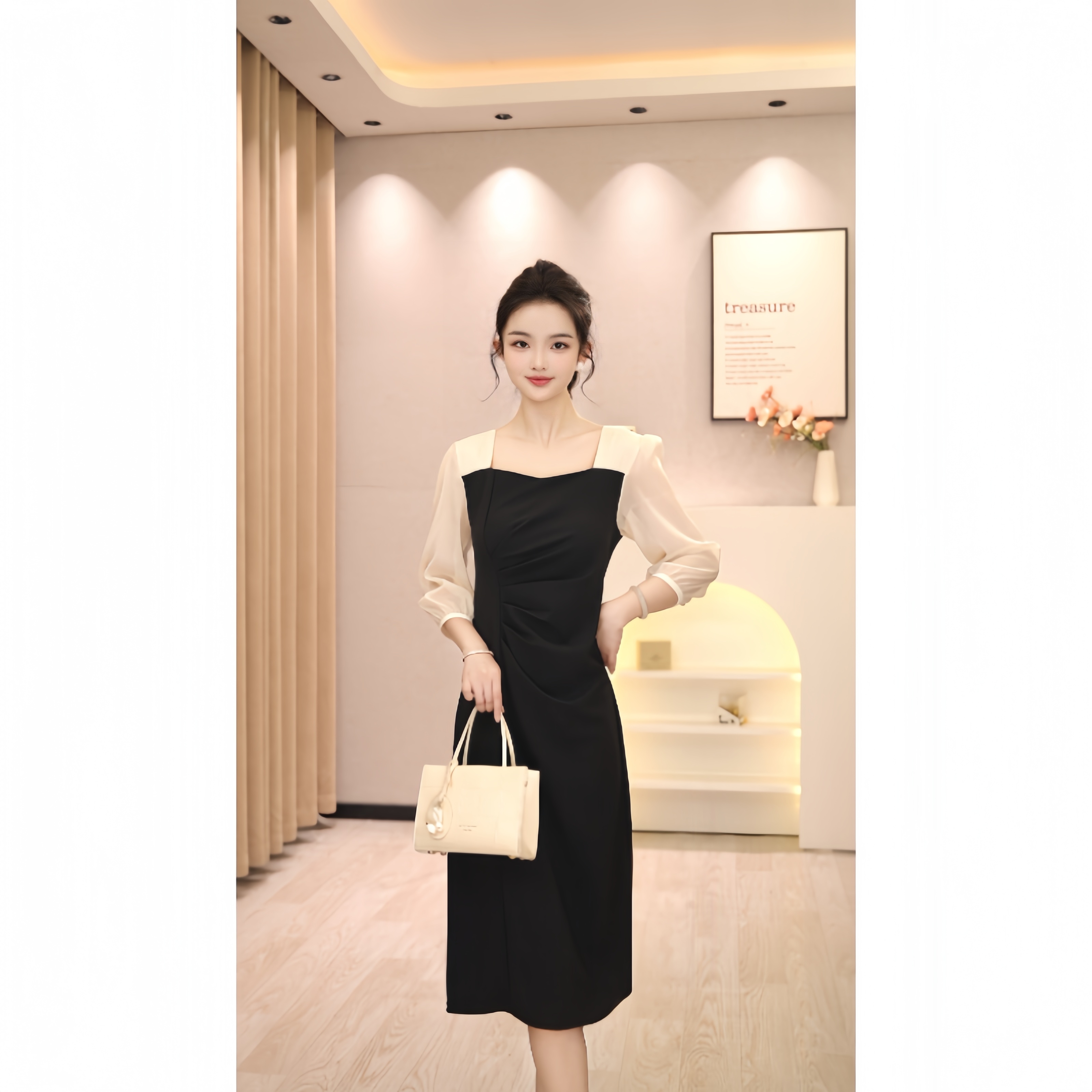 8091轻奢女神范气质修身显瘦2025夏季新款黑杏拼接七分袖中长裙