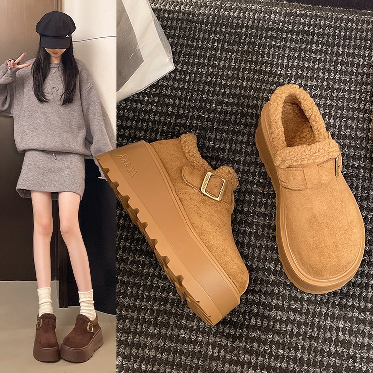 冬季新款加大绒保暖百搭一脚蹬勃肯单鞋增高厚底女毛毛单鞋