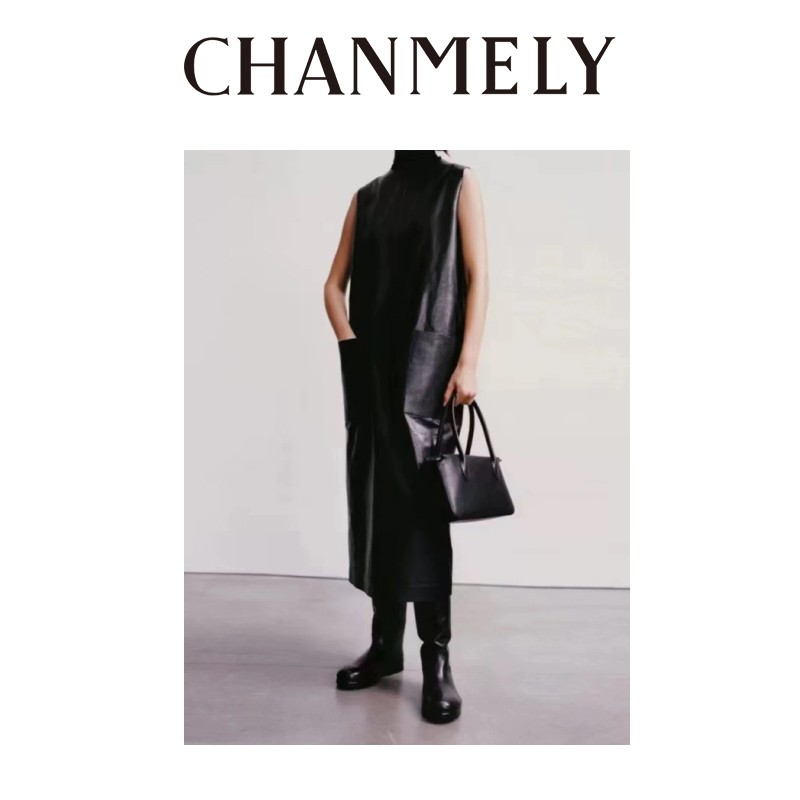 【CHANMITY】24/FWrow高级感直筒显瘦无袖皮连衣裙0241421