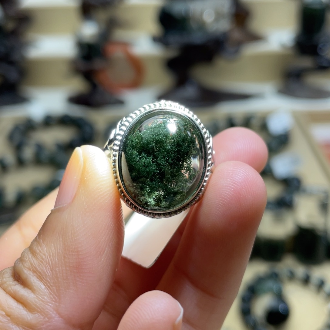水晶戒指银S925镶嵌绿幽灵戒指
