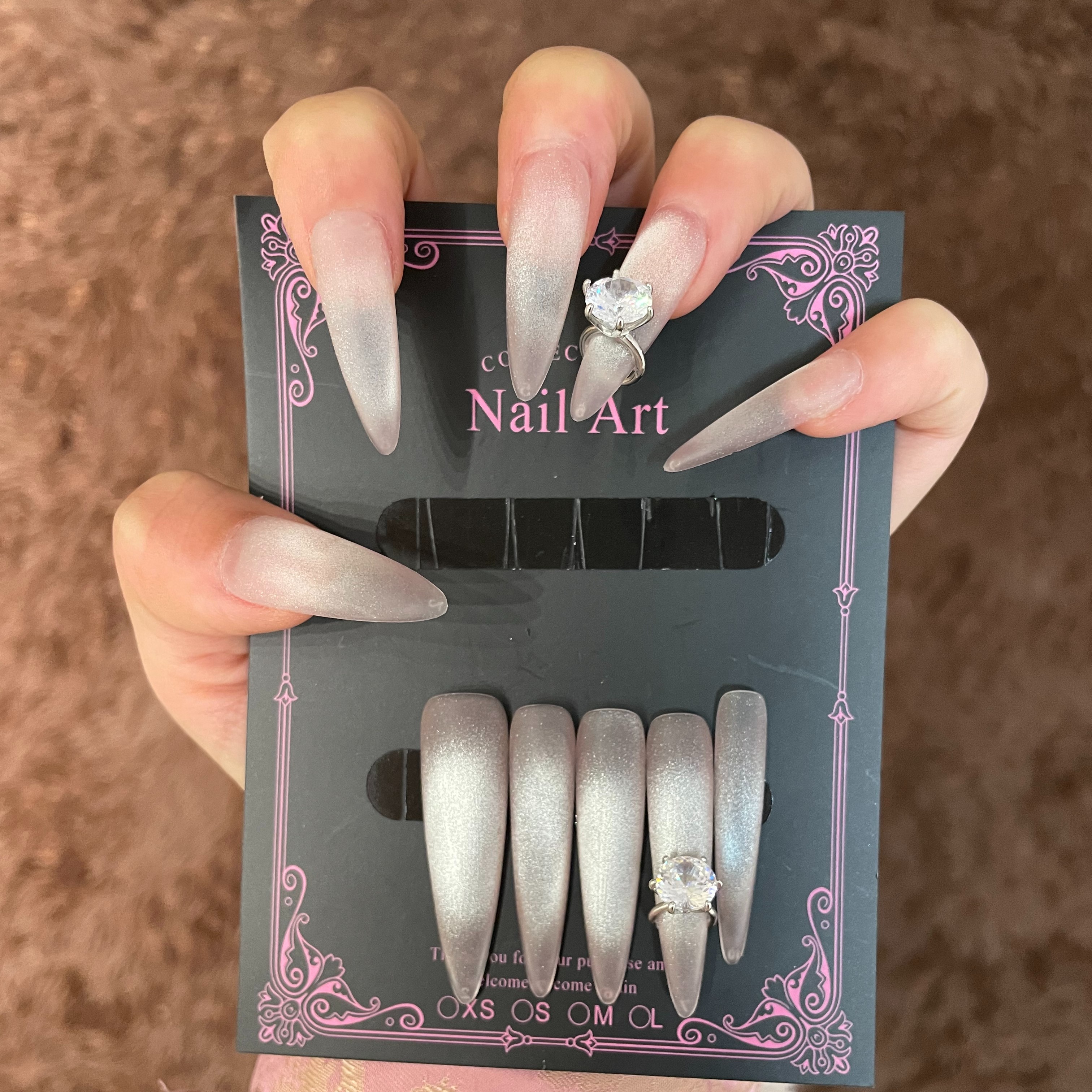 （6号链接）大钻戒裸色渐变猫眼爆闪显白百搭手工穿戴甲片高级美甲