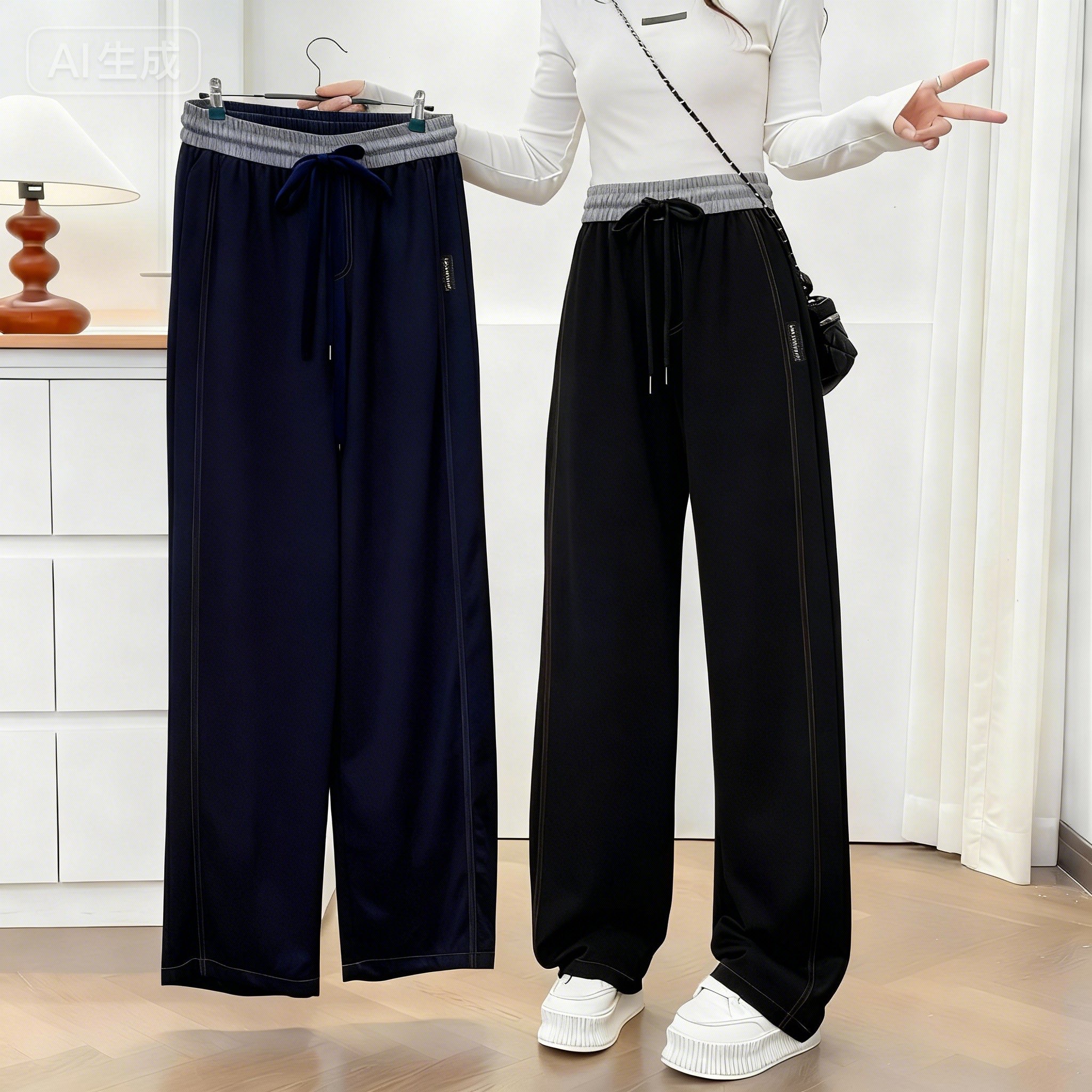 2528拼色腰明线松紧腰带口袋复合款弯刀加厚阔腿裤软牛仔裤女 