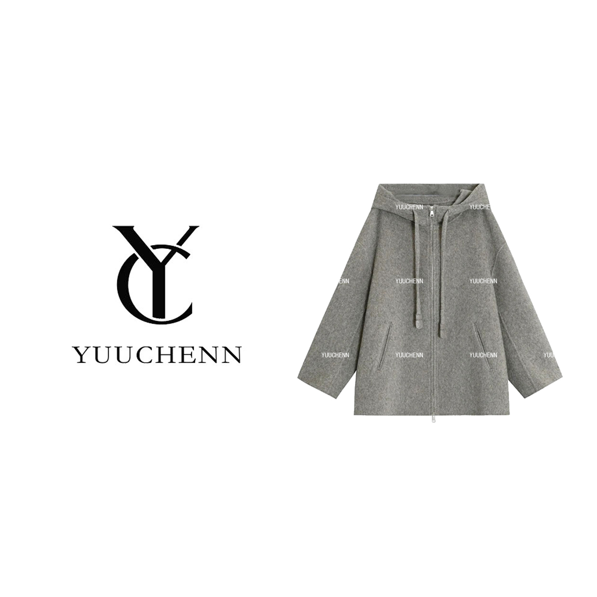 YUUCHENN连帽灰色外套女时尚秋冬休闲运动上衣23C30073