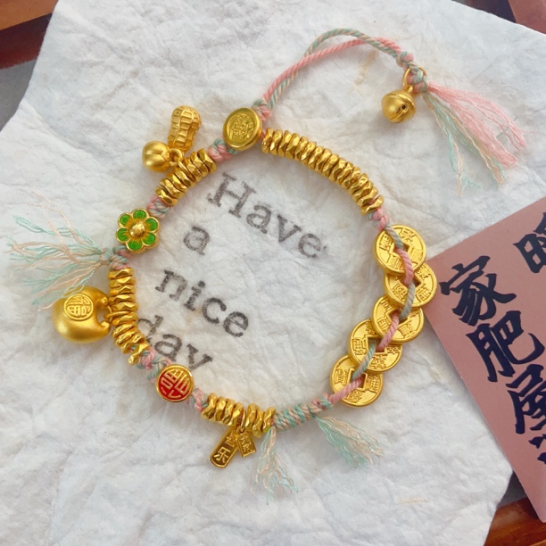 足金【手编盘缠手串】古法盘缠五彩绳编织百搭女士创意