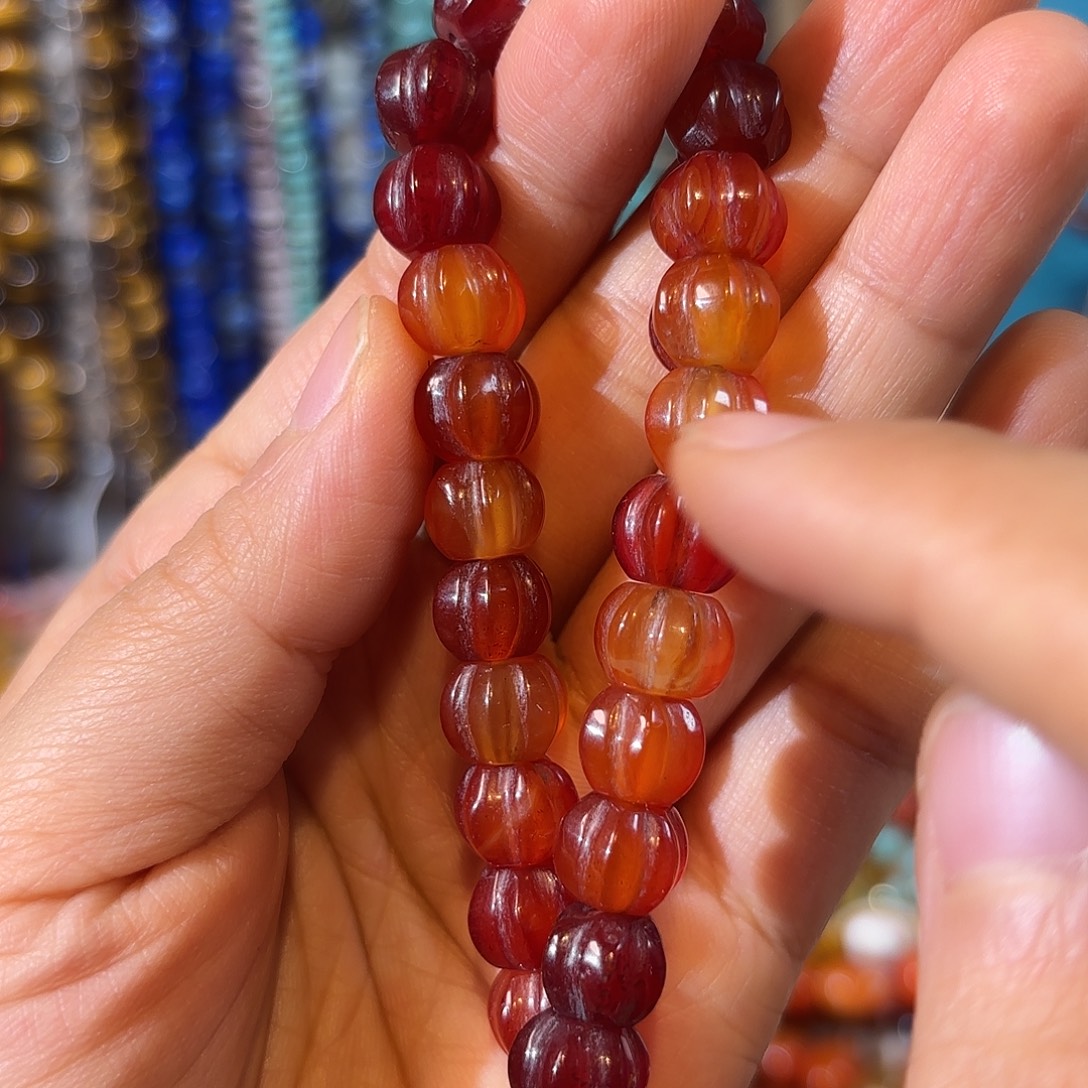 玛瑙/玉髓银S925镀金镶嵌珠宝半成品红玛瑙南瓜一条25颗