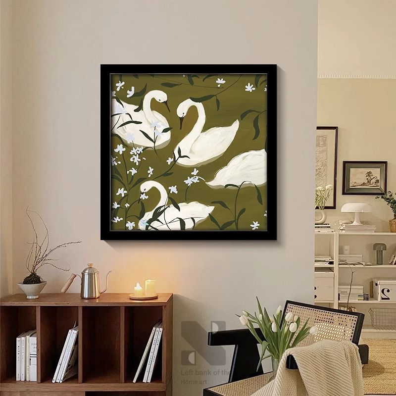 天鹅ins法式中古风卧室床头装饰画复古绿色艺术油画小众客厅挂画